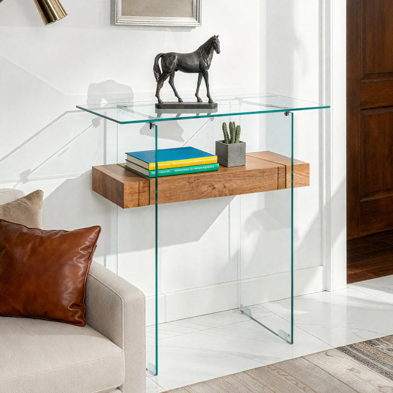 Tempered Glass Console Table with Shelf, Oak, 31.5"H x 31.5"W x 13.8"D