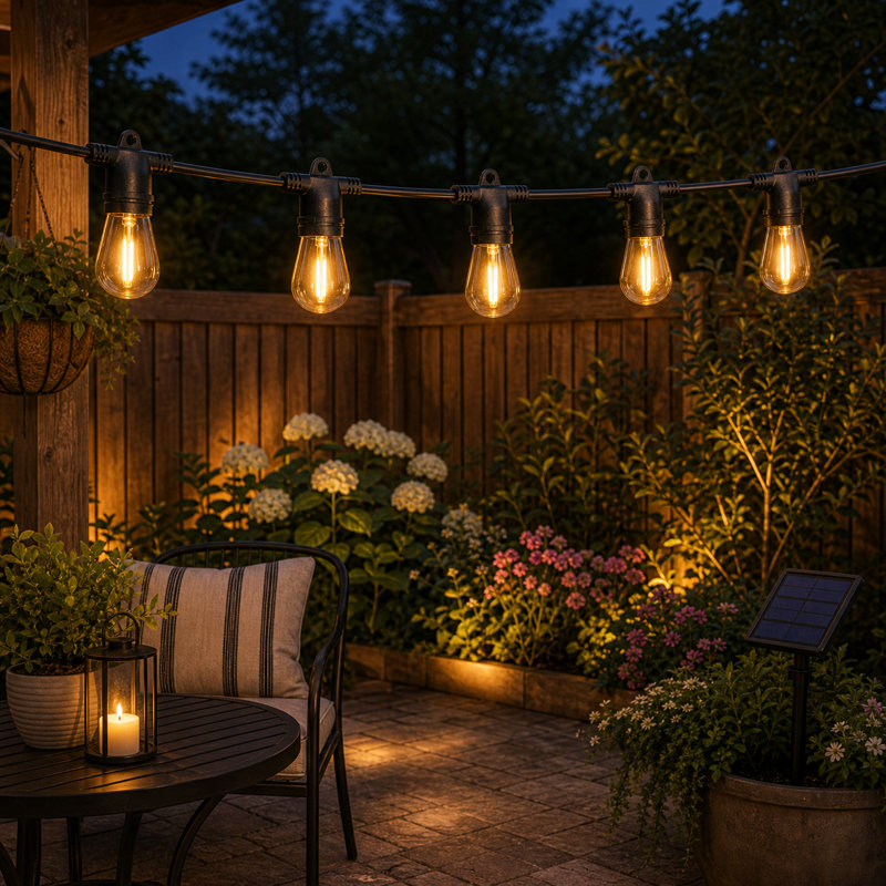48FT 15-Bulb Solar-Powered Outdoor Standard String Lights, Shatterproof, Weatherproof, Dusk to Dawn On/Off, 576" L