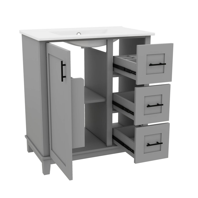 Le meuble-lavabo de 30 pouces est livré avec un lavabo en céramique et deux supports de rangement à une porte, Gris