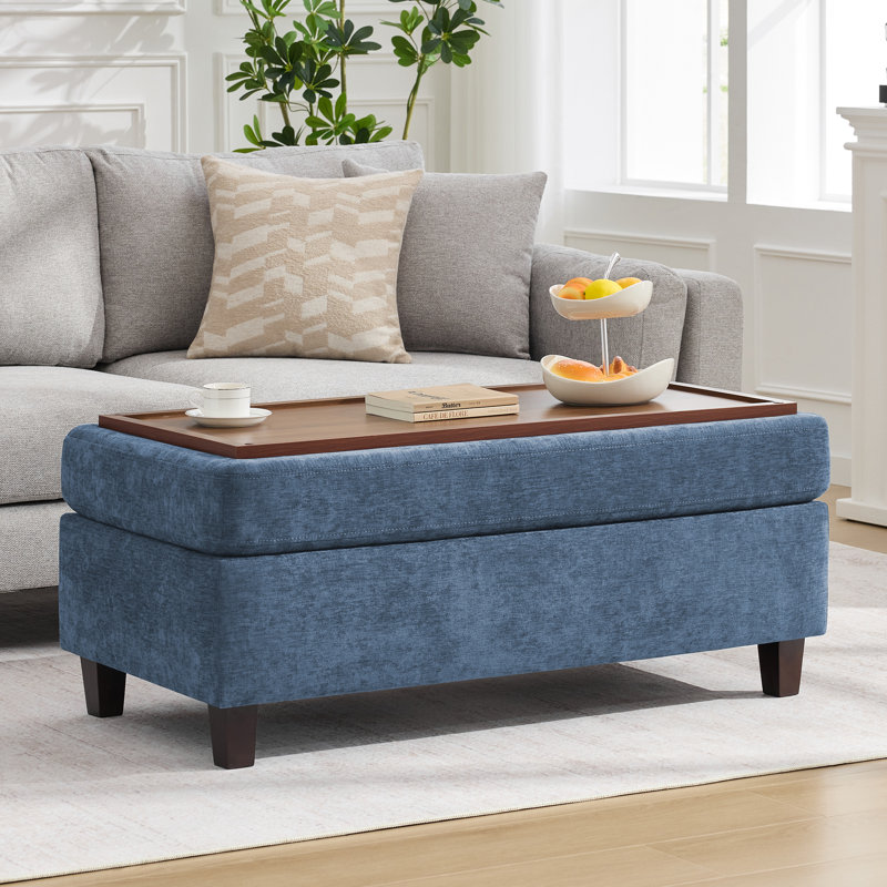 Banc multi-fonctionnel pour repose-pieds avec couvercle rabattable en bois et coussin, Bleu