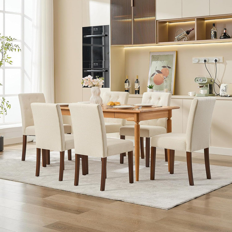 Set of 4, Upholstered Dining Chairs, Tufted Parsons Kitchen Chair with Wood Legs for Dining Room & Restaurant, 6, Beige