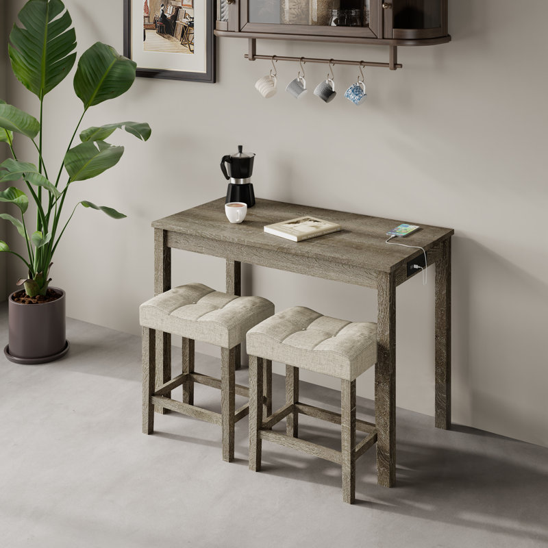 Shrivas Bar Table and Chairs Set, 3-Piece Dining Table Set for 2 with Built-in USB and Power Outlets, Counter Height Table and 2 Bar Stools Space Saving for Dining Room Living Room Small Kitchen