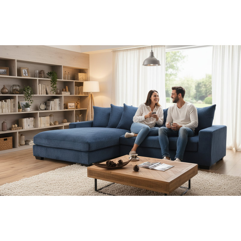 Corduroy L-Shaped Sectional, Left Hand Facing, Blue Corduroy