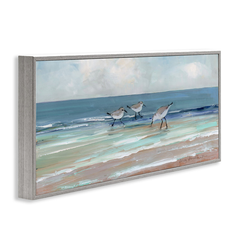 «Panoramic Sandpipers on Shoreline Gray», art de la giclée encadrée par Sally Swatland, H 24 po x l 10 po