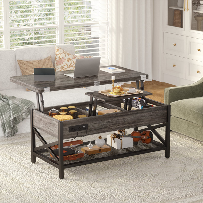 Table basse Jeraldean pour salon avec rangement et lumières à DEL RVB, Gris, Noir