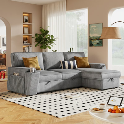 96.1" W Sleeper Sectional Sofa With Storage Pockets And 2 Cup Holders, 3-Seat Upholstered Sofa Bed, Beige