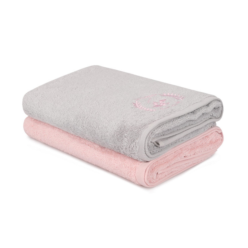 Ensemble de 2 serviettes de bain 100% coton, Rose / gris clair