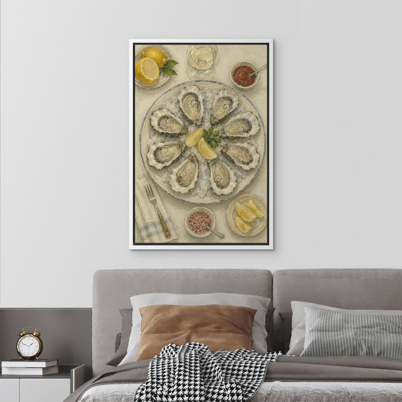 Crème et or, coquille d'huître, plateau de fruits de mer, reproduction d'art sur toile encadrée, 24" H x 16" W x 1.5" D