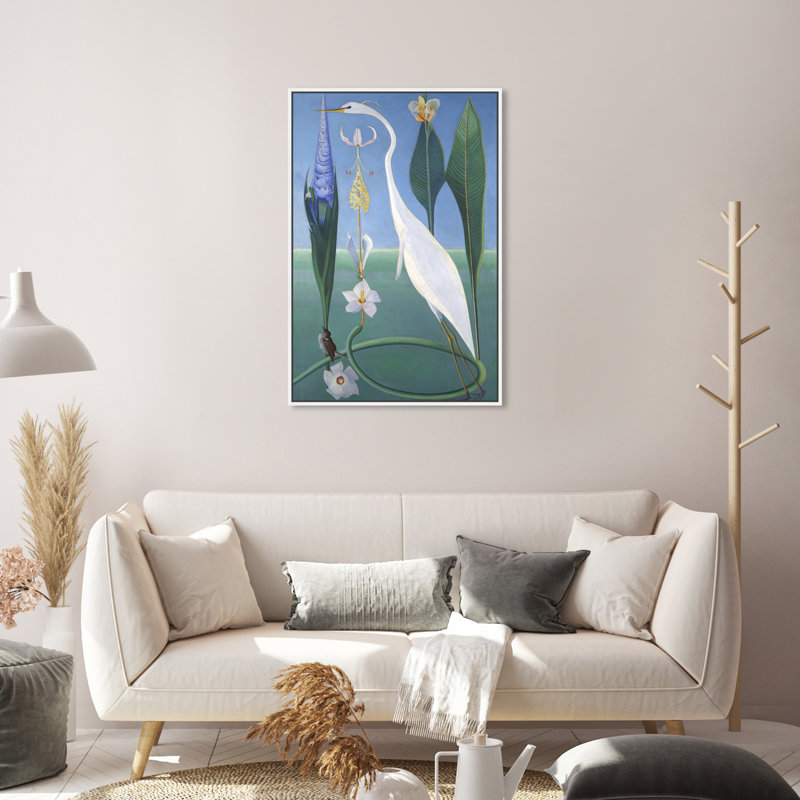 Oiseau dans un jardin - Peinture, H 30 po x l 20 po, Cadre blanc