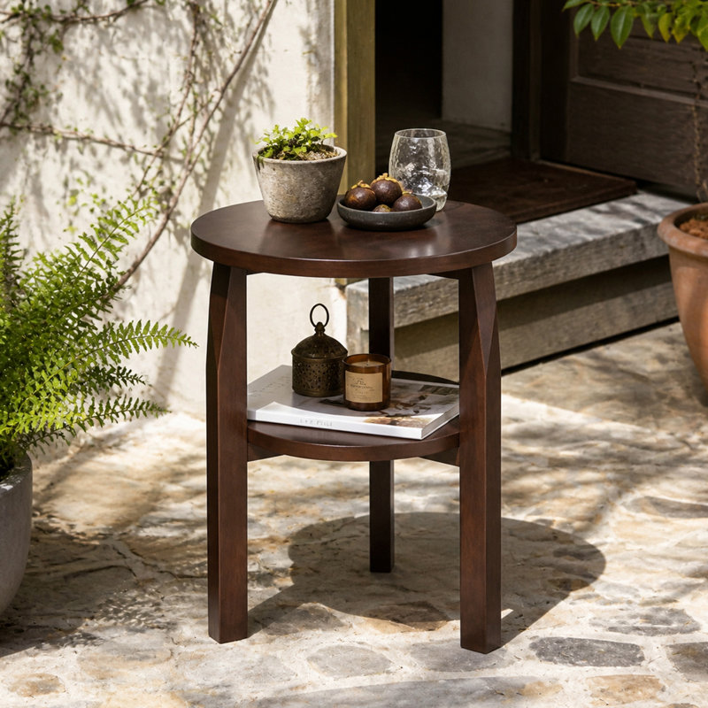 Une table d'appoint ronde en bois massif à double couche avec rangement compartimenté. Convient à une utilisation comme table d'appoint, table de chevet ou objet décoratif dans les salons, les chambres à coucher ou les petits appartements.