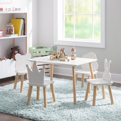 Kids Table and 4 Chairs Set, Wooden Toddler Activity Table with Bear, Cloud & Rabbit Animal Backrest Chairs, Children Play Table for Drawing, Reading, Snack Time for Playroom, Nursery