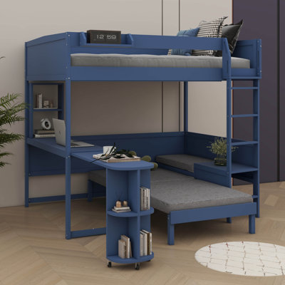 Full-Size Wooden Loft Bed, Complete With Desk, Bedside Storage, Couch, And Lighting System