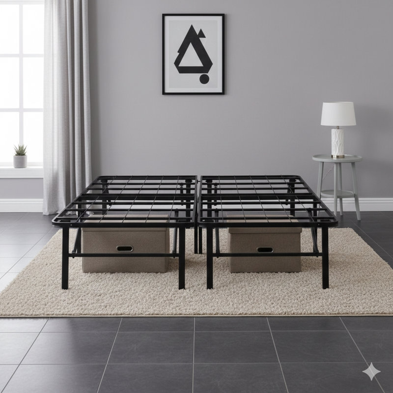 Queen-Sized Folding Metal Platform Bed Frame With 14-Inch Height, Serves As A Box Spring Replacement. Features Heavy-Duty Steel Slats For Easy Assembly And Allows For Under-Bed Storage, In Black.