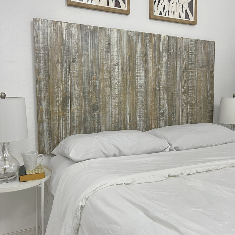 Tête de lit murale en bois massif Ashleah, Gris délavé, Double