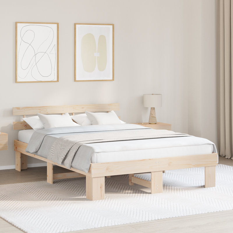Bed Frame With Headboard Solid Wood Pine, Beige, Kingsize (5')
