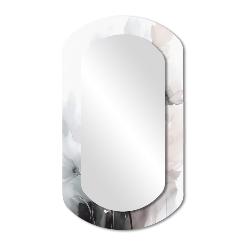Rochelle douce gris clair fleurs I - miroir décoratif floral asymétrique, miroir mural cylindrique traditionnel, impression d'art en métal