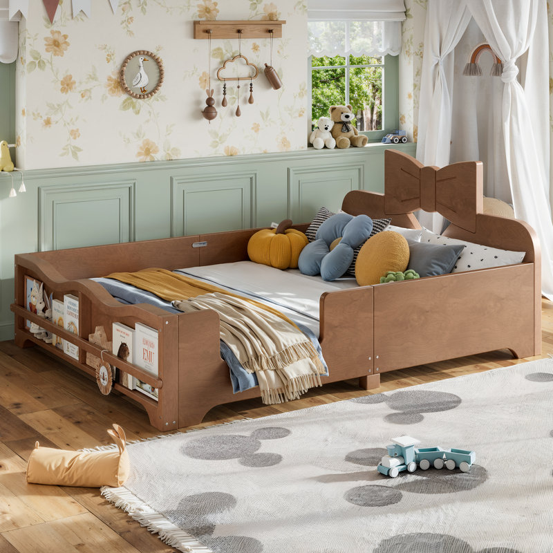 Lit plateforme pour enfant avec garde-corps et tête de lit en forme de nœud papillon Lullabow, Lit double, Naturel