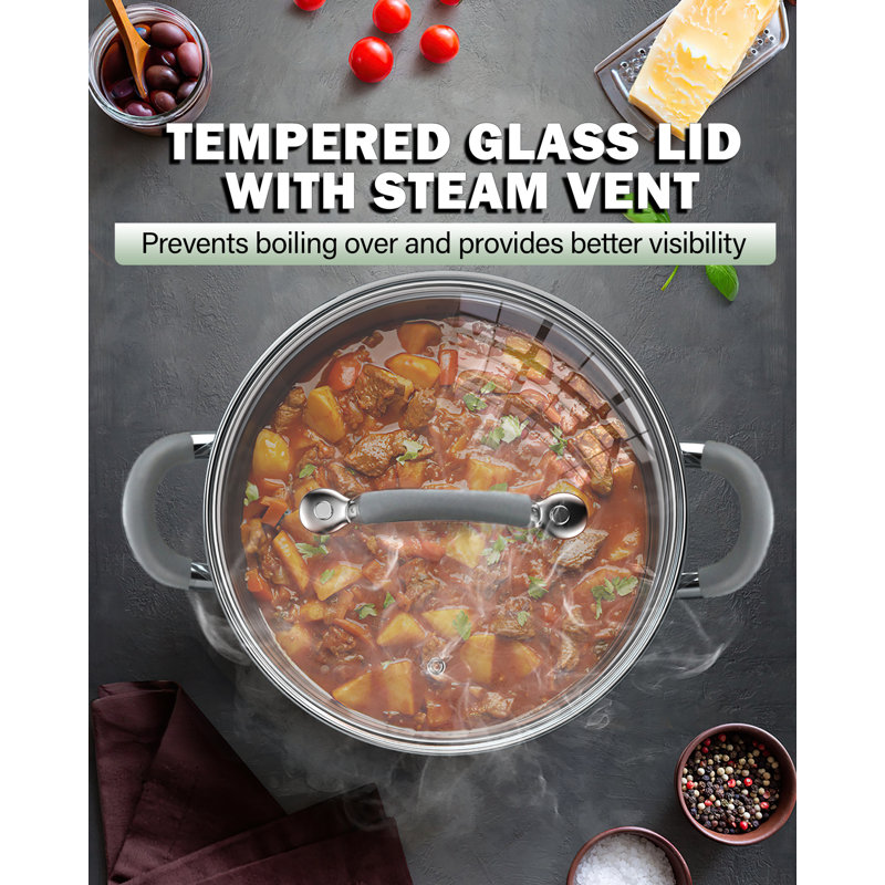 Cook N Home Stainless Steel Cookware Sets, 3-Ply 12 Pcs Pots and Pans Set with Stay-Cool Handle, Non-Toxic, Induction-Ready, Dishwasher & Oven Safe, Combatible w/ All Cooktops