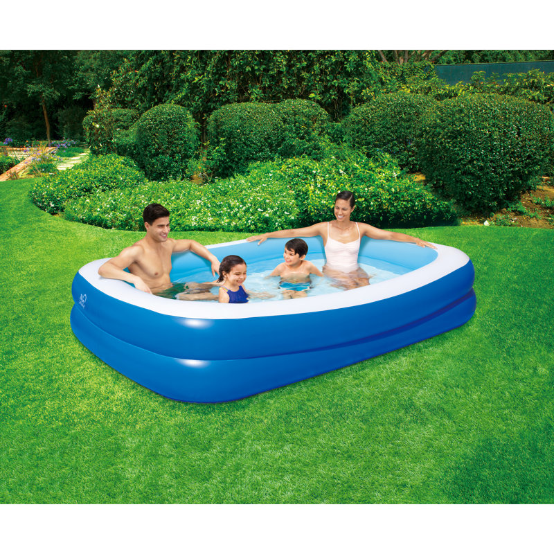 Blue and White Rectangular Inflatable Family Pool with Cover
