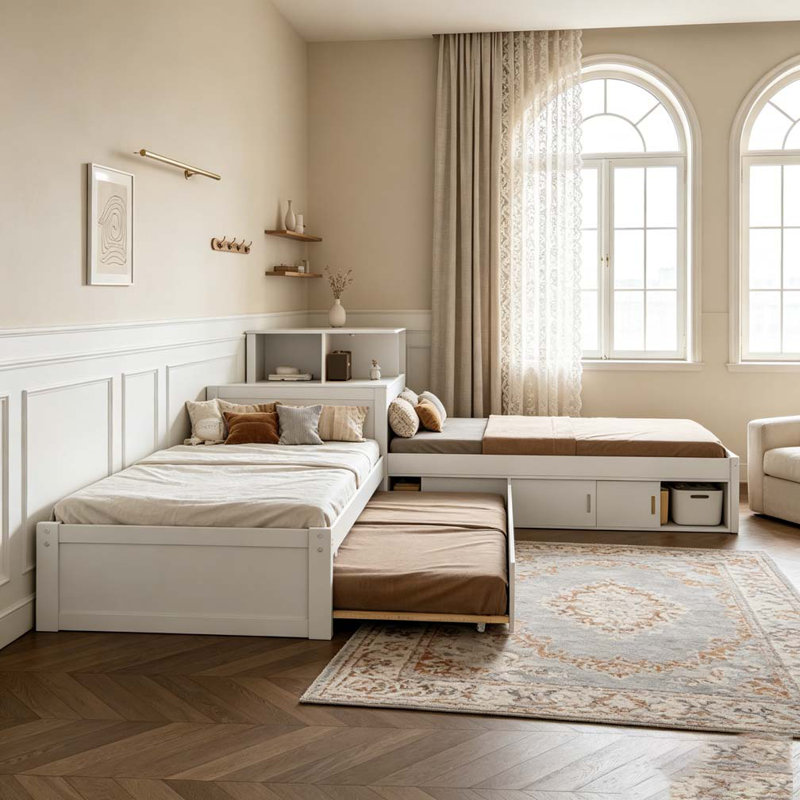 Lit plateforme en L avec rangement, bureau, lit gigogne et lumière DEL, Blanc