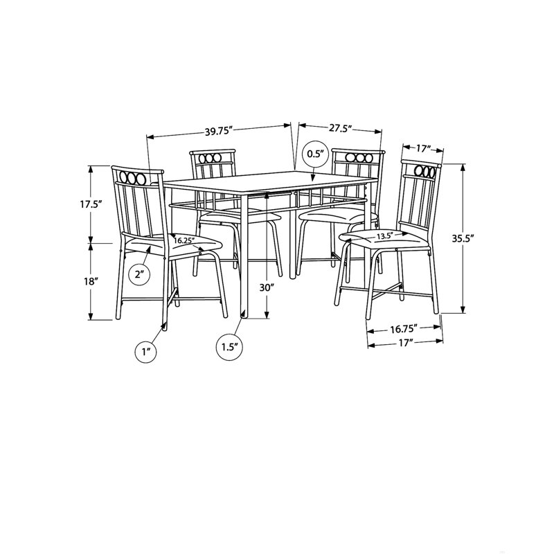 Ensemble de table de salle à manger, 5 pièces, petit, 40 po rectangulaire, cuisine, métal