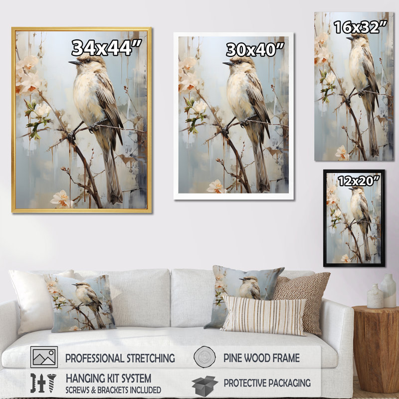 Minimalisme, oiseau beige sur une branche, H 20 po x l 12 po x P 1 po, Cadre simple argenté