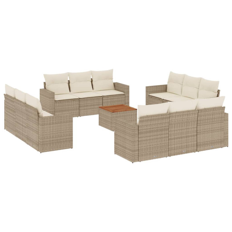 Garden Sofa Set Beige PE Rattan Large Adjustable Feet, Cream White Cushion/Beige Frame