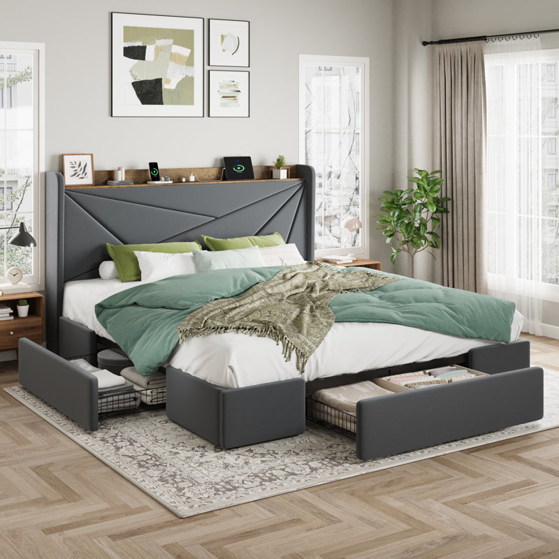 Modern Upholstered Bed With Charging Station & Storage Drawers, Velvet Wingback Headboard,Queen/Full/King Size, Gray, King