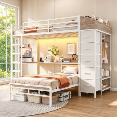 Lit superposé en L pour deux lits simples avec bureau, porte-manteau et station de recharge, lits superposés en métal avec 5 tiroirs de rangement, lumières DEL, barrière de sécurité et escalier, lit superposé simple pour enfants et adolescents, sommier non requis