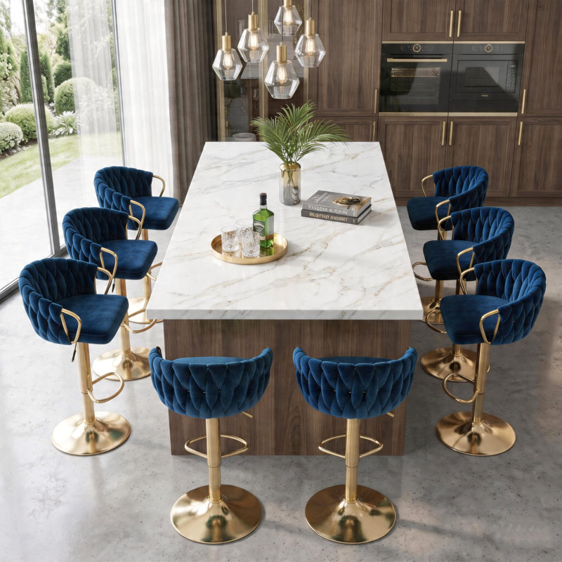 Swivel Upholstered and Velvet Bar Stool, Navy Blue