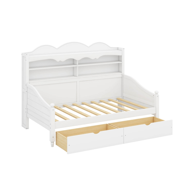Lit de jour avec tiroirs de rangement et tablettes de tête de lit, lit de jour en bois de style rétro, Blanc