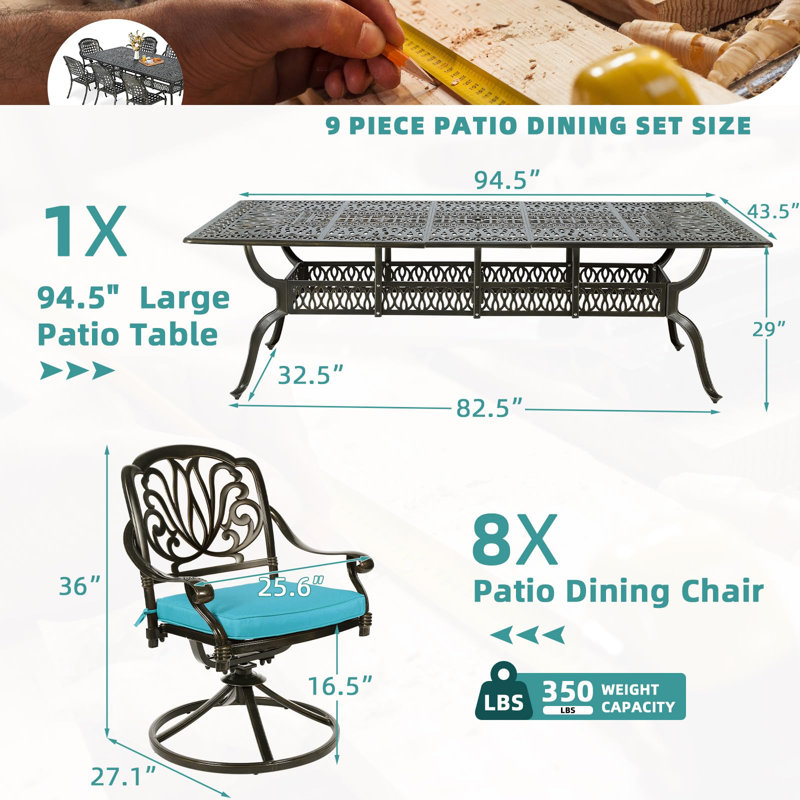 Bloomsbury Market 9-Piece Outdoor Patio Dining Set For 8, All Weather Cast Aluminum Patio Funiture Table And Chairs Set- 94.5" Rectangular Table And 8 Cushioned Swivel Rocker Chairs, Umbrella Hole