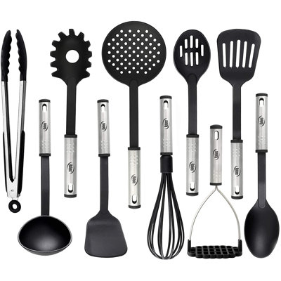 Ensemble de 10 ustensiles de cuisine Kaluns - Outils de cuisson en nylon et en acier inoxydable, accessoires de batterie de cuisine résistants à la chaleur, antiadhésifs, à cuillère et à cuillère