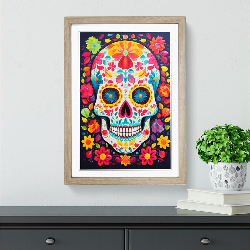 Sugar Skull Colour Field No.3 - Single Picture Frame Print on Wood, 34cm H x 25cm W x 2cm D, Oak