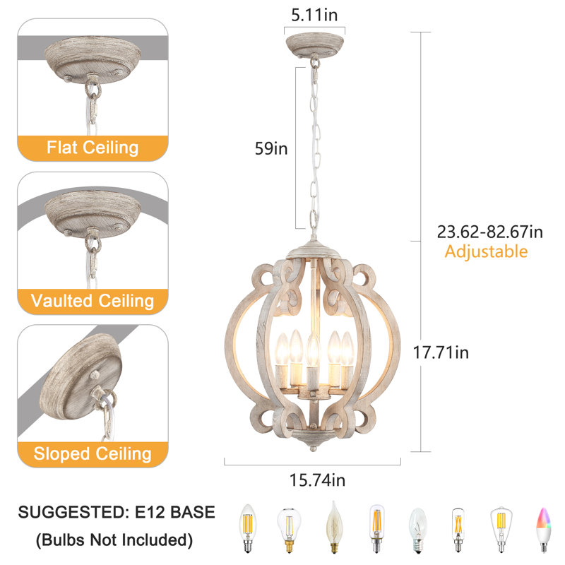 Plewak 5 - Light 15.74" Wide Dimmable Distressed Wood Farmhouse Country Geometric Chandelier, Modern Chandelier Rustic Ceiling Pendant Lights for Living Room Bedroom Foyer
