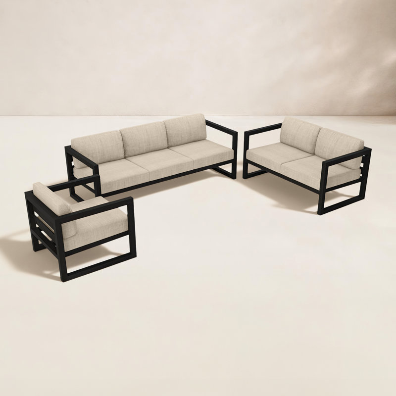 Avion 3 Piece Sofa Loveseat Set, Canvas Charcoal Sunbrella® Canvas, Black