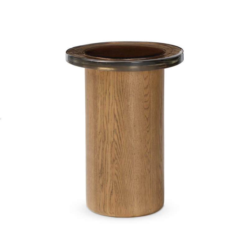 Shira Small End Table-Light Brown Oak, Smoked Brown Cast Glass