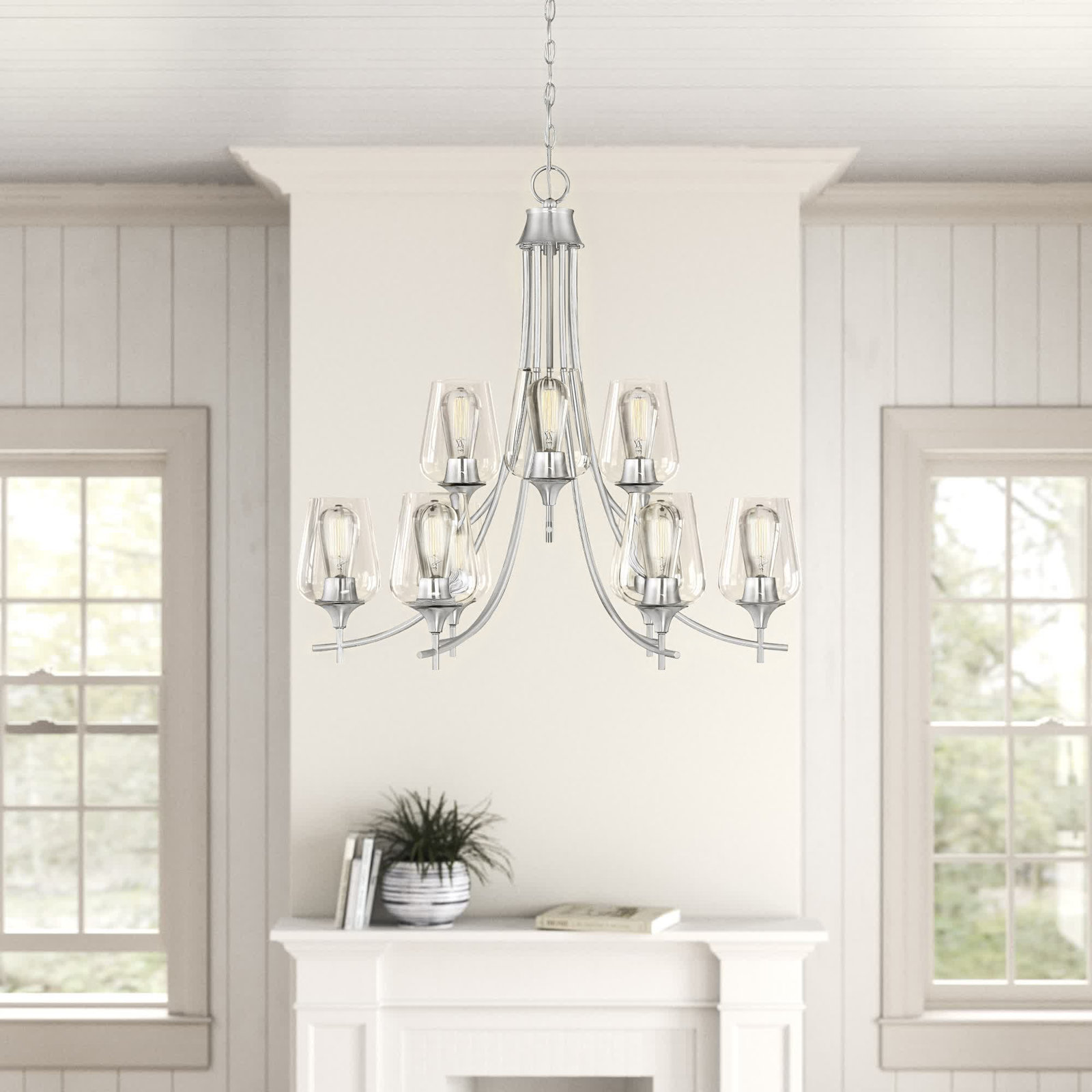 9 - Light Dimmable Tiered Chandelier, Satin Nickel