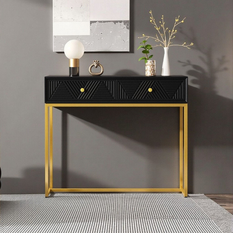 Console moderne 38 "avec tiroirs à rayures et base dorée, Noir