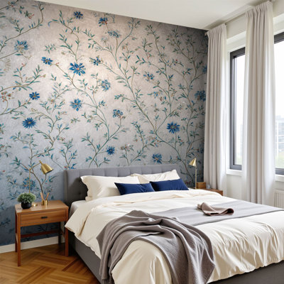 Peel and Stick Wallpaper Intricate Blue Porcelain Vines Wall Murals 100"H x 144"W Removable PVC Wall Paper Self-Adhesive Wall Decor for Bedroom Living Room Home Office