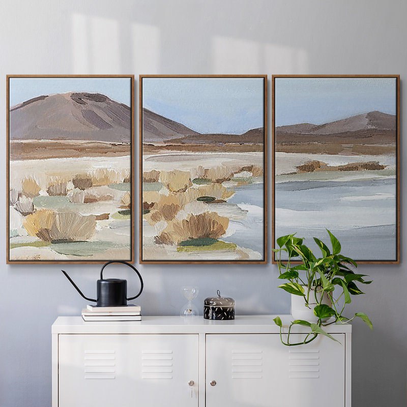 «Desert Oasis Study II», reproduction sur toile 3 pièces, H 40 po x l 78 po, Cadre noyer