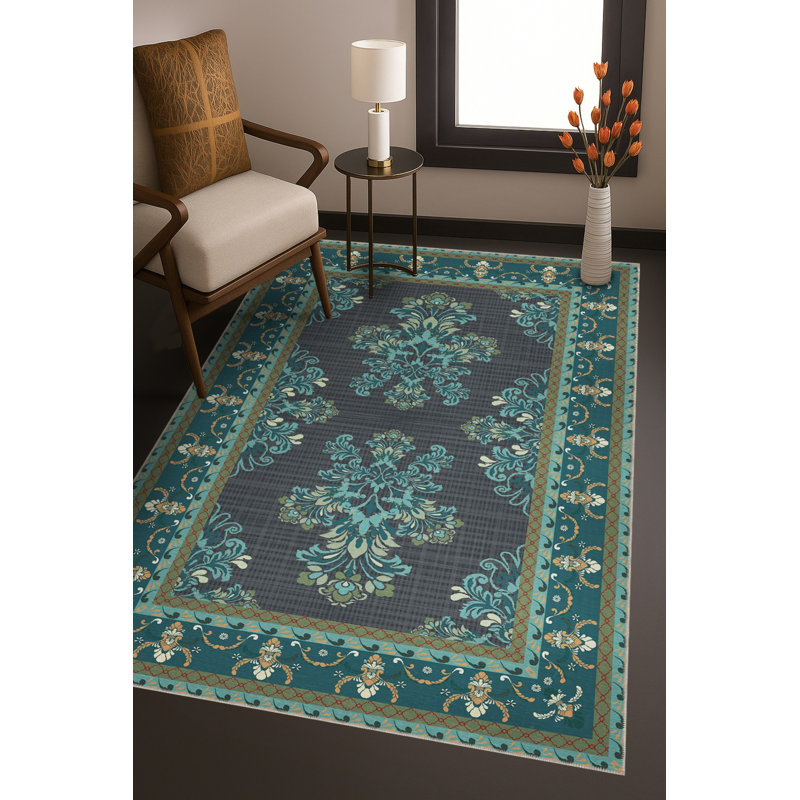Tapis bleu tissé lavable rétro Mosso, 2 pi 6 po x 4 pi 11 po