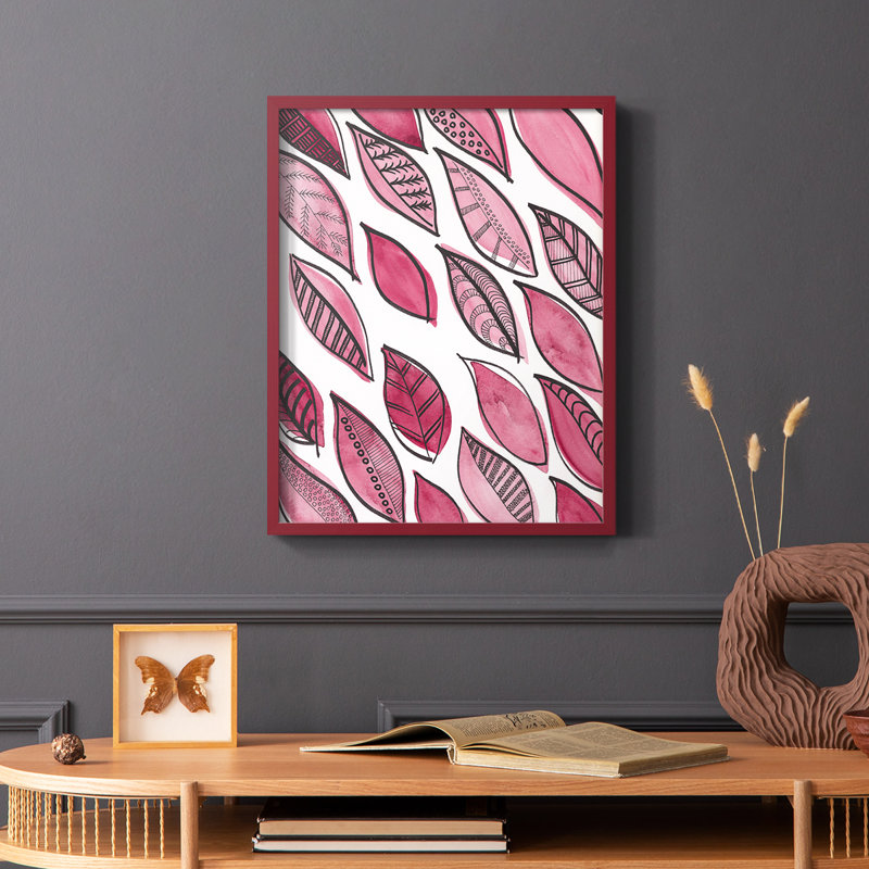 Reproduction encadrée de motifs de feuilles à motif III - bois massif, Rouge, H 10 po x l 8 po