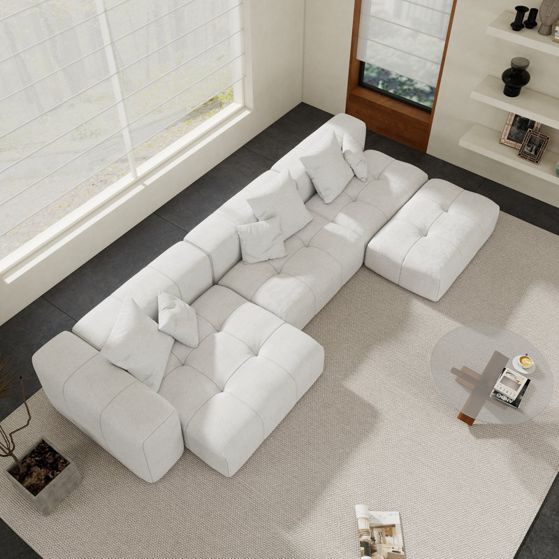 Canapé modulaire rembourré en tissu de lin avec repose-pieds Kay Crumley 4 pièces Kay, Blanc