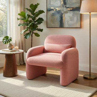  Chaise d'appoint moderne en sherpa avec coussin lombaire et structure en bois, sièges de salon et de chambre à coucher, rose