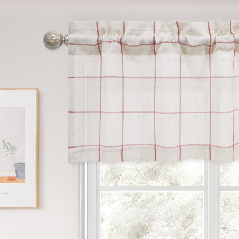 Windowpane Plaid Linen Textured Small Window Valance for Kitchen Bedroom Light Filtering Valance, 52" W x 14" L