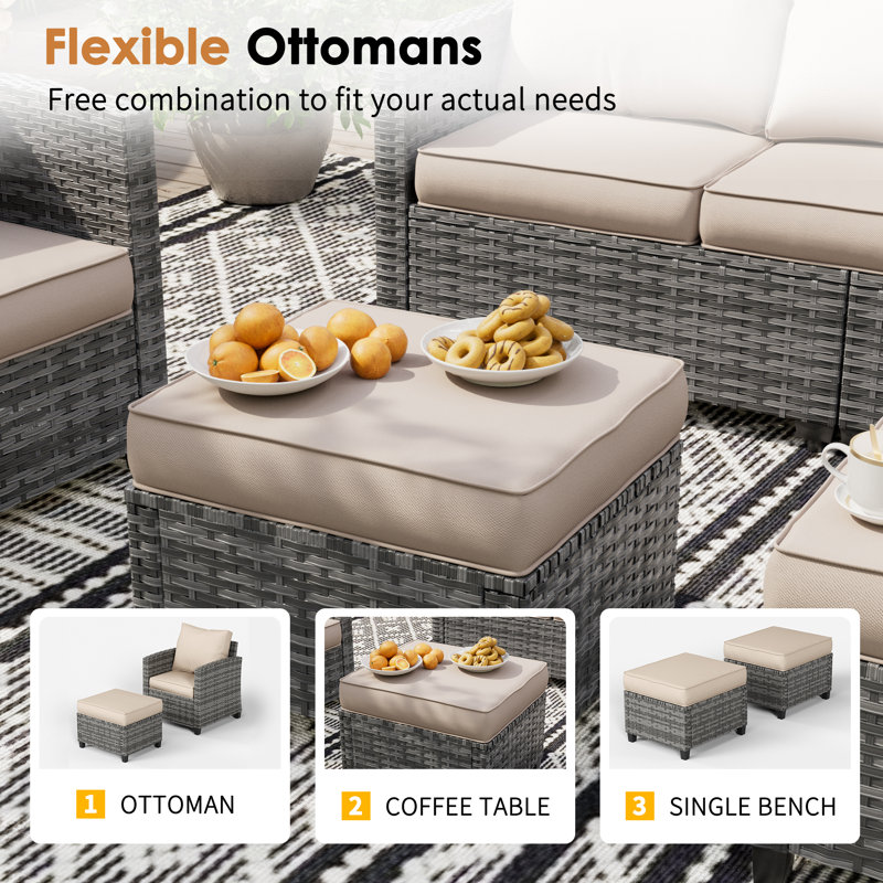 3-Person Patio Sofa With 2 Ottomans, Beige, Gray