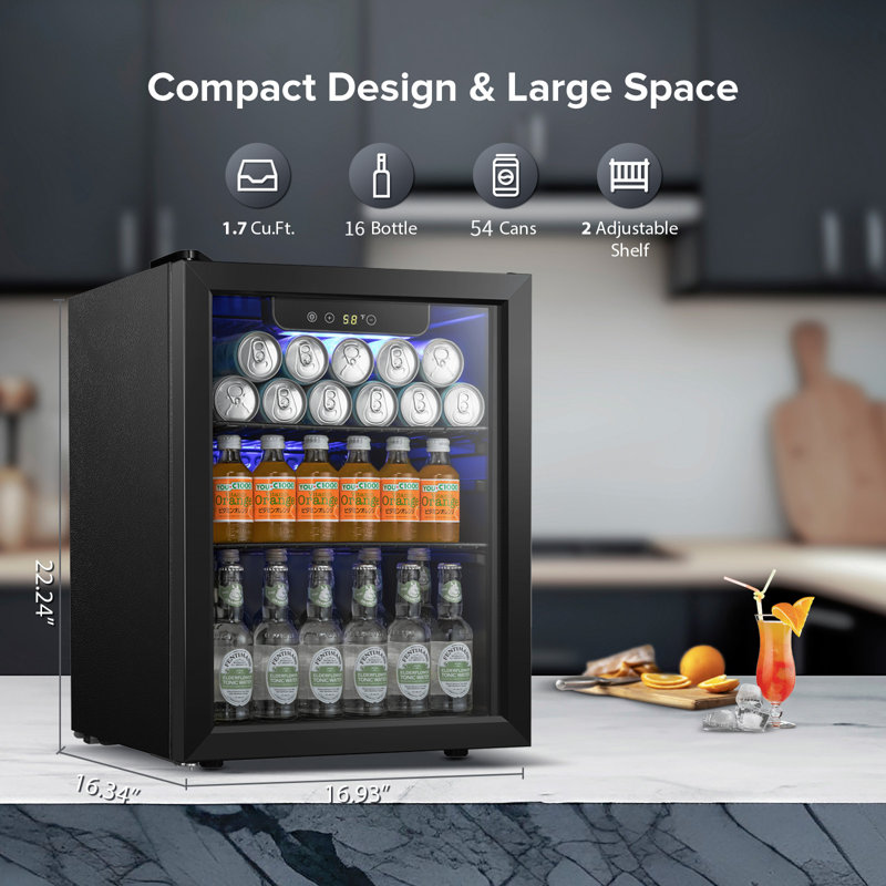 54-Can Beverage Refrigerator Cooler, 16 Bottle Mini Fridge, Wine Cooler Dispenser with 6.93In Transparent Glass Door, for Home/Bar/Office