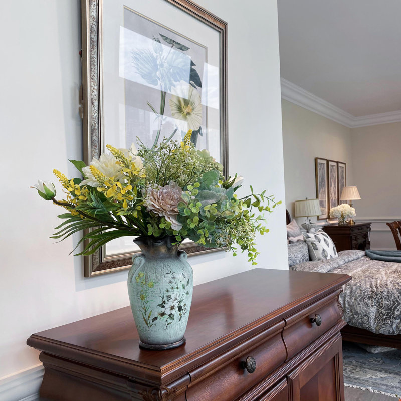 Faux Flowers in Ceramic Vase, Artificial Flower Arrangement Decoration for Table Centerpieces