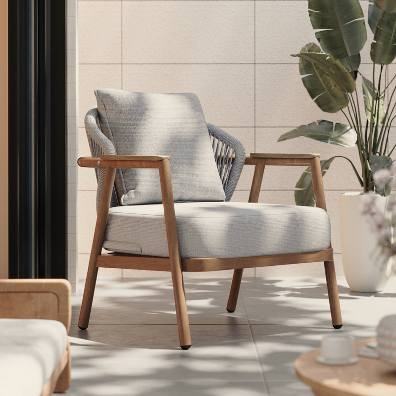 Fauteuil club en corde Orla, fini teck avec coussin taupe texturé Orla